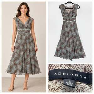 Adrianna 100% Silk Chiffon Tea Dress Size 8 Surplice Tie Back Sash Fairycore y2k